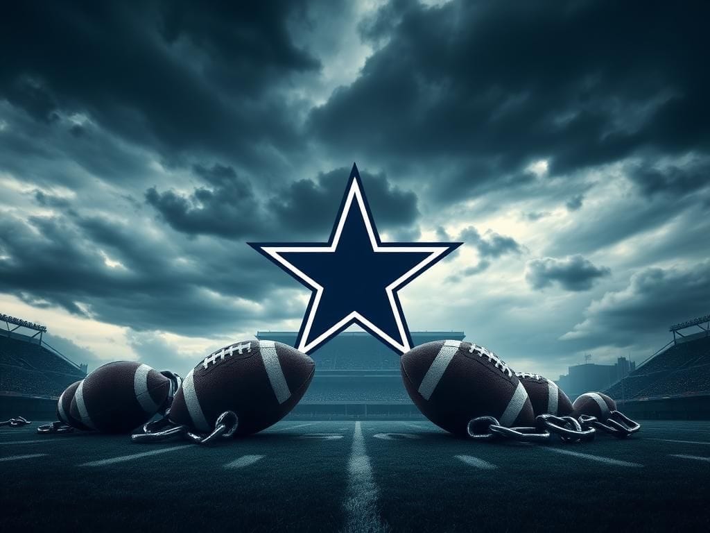 Flick International A dramatic football field scene under a stormy sky with the Dallas Cowboys logo and cracked footballs symbolizing lost opportunities