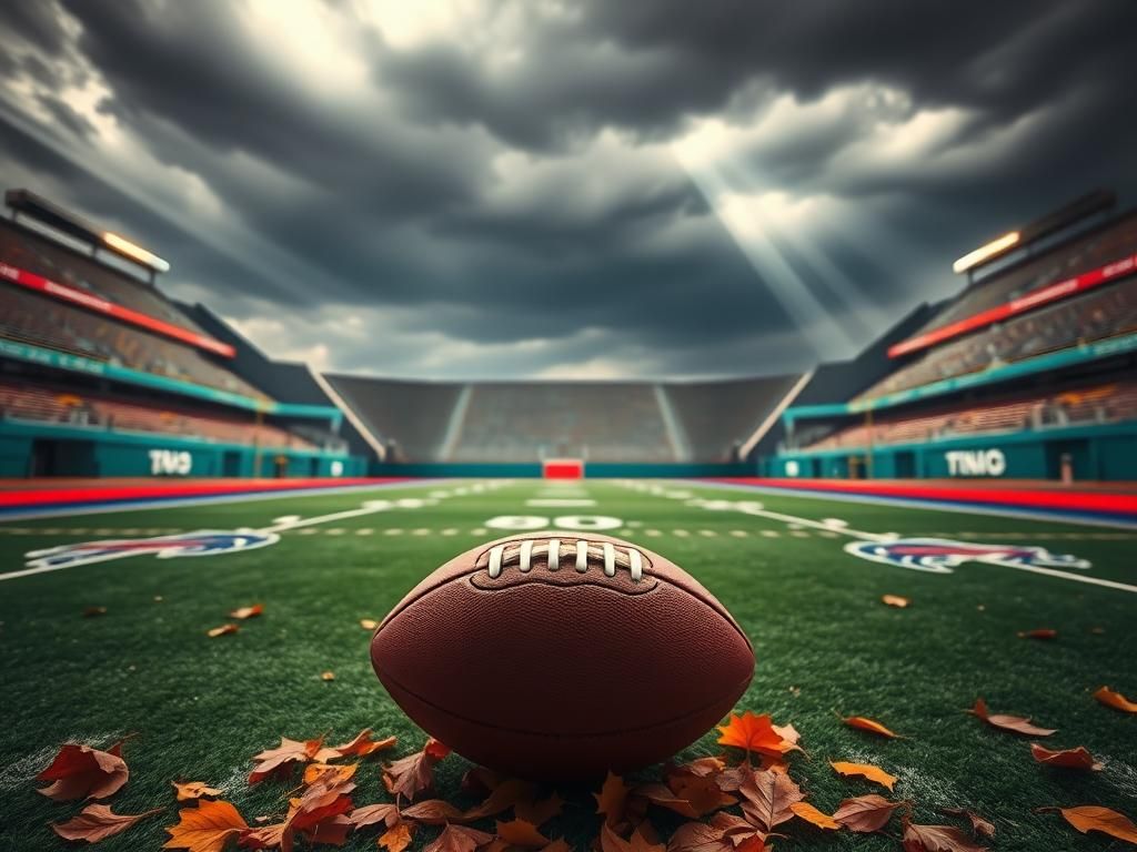 Flick International Empty football field with Miami Dolphins and Buffalo Bills end zones