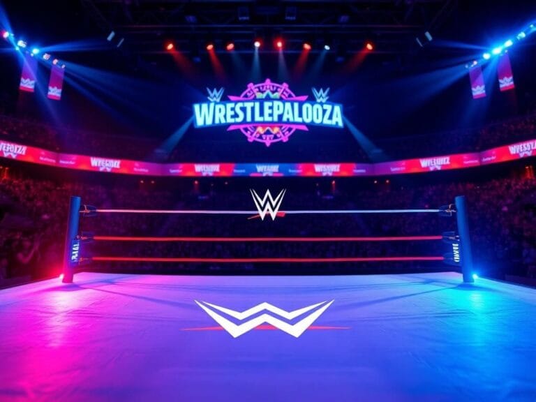 Flick International Dramatic wrestling ring at Wrestlepalooza with vibrant WWE logo