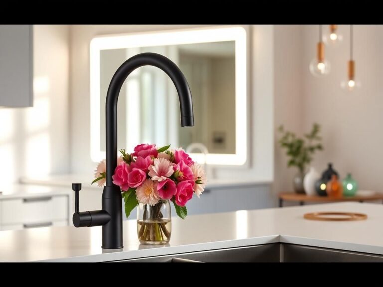 Flick International Modern kitchen countertop displaying a sleek, matte black pull-down kitchen faucet with fresh flowers