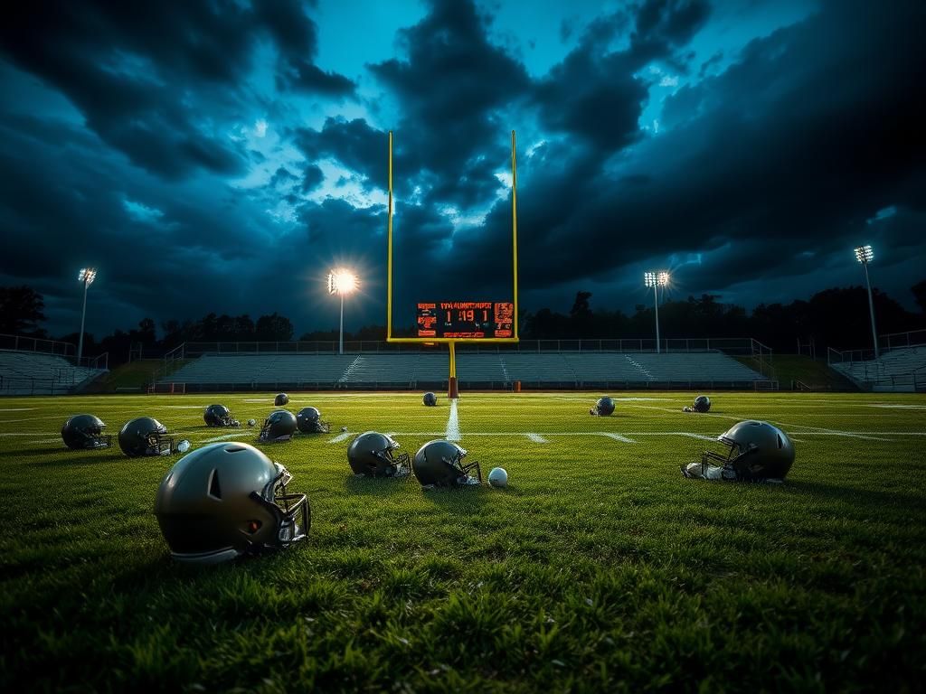 Flick International Empty football practice field at twilight with scattered helmets and pads, symbolizing lack of effort.