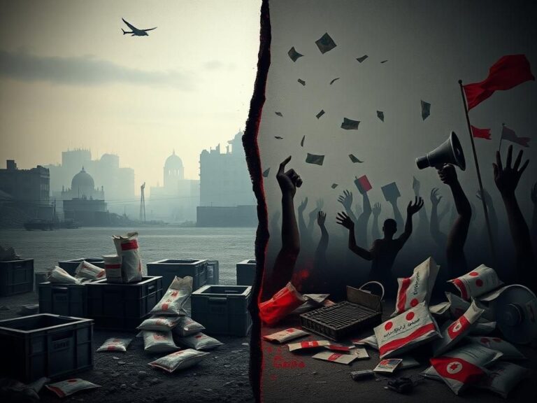 Flick International Fragmented landscape of Gaza symbolizing humanitarian aid versus propaganda