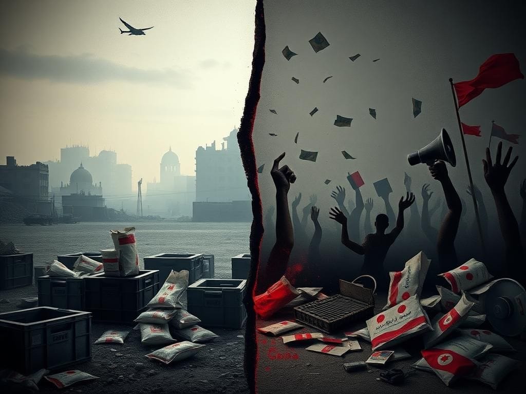 Flick International Fragmented landscape of Gaza symbolizing humanitarian aid versus propaganda