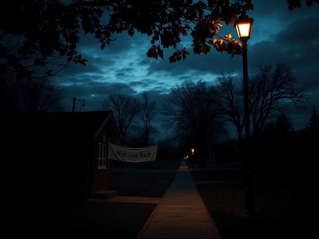Flick International Deserted schoolhouse in a quiet suburban Maryland neighborhood during twilight