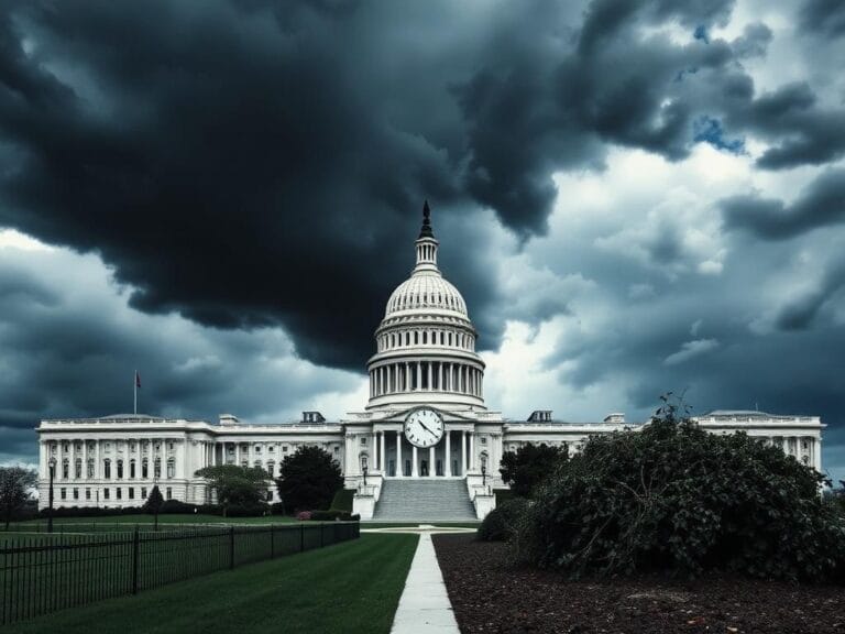 Flick International A divided U.S. Capitol building under dark storm clouds, symbolizing the threat of government shutdown