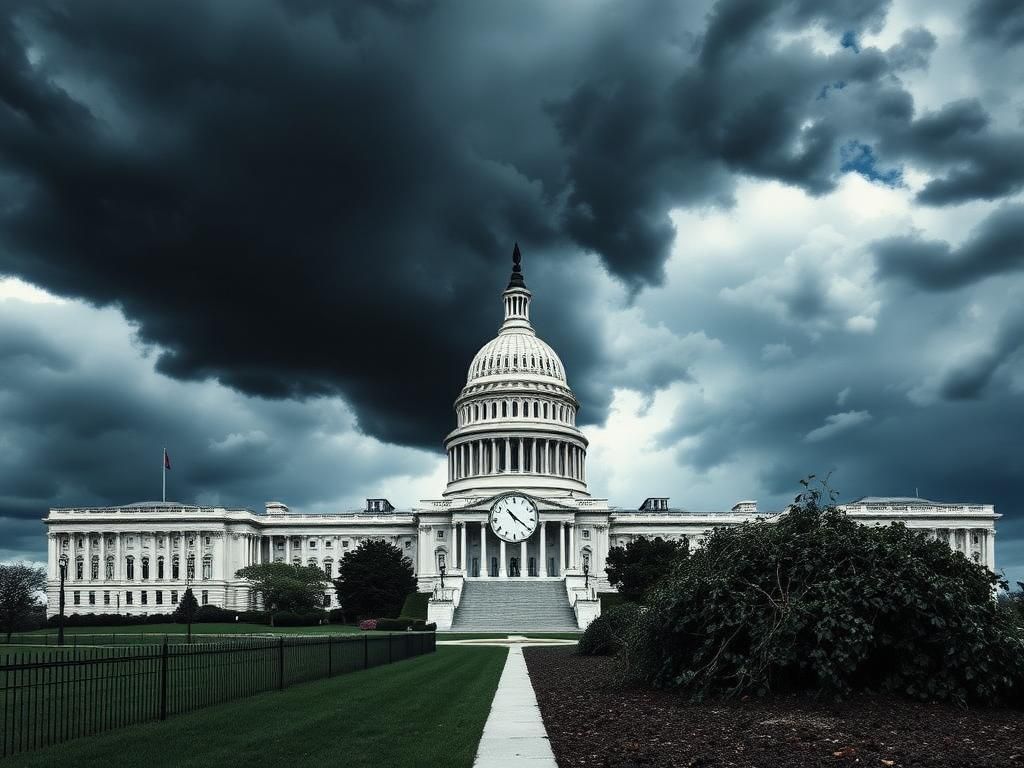 Flick International A divided U.S. Capitol building under dark storm clouds, symbolizing the threat of government shutdown