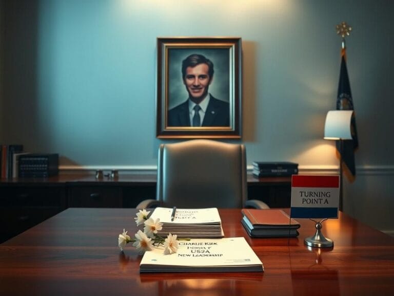 Flick International Polished wooden desk with empty chair symbolizing leadership transition after Charlie Kirk's assassination