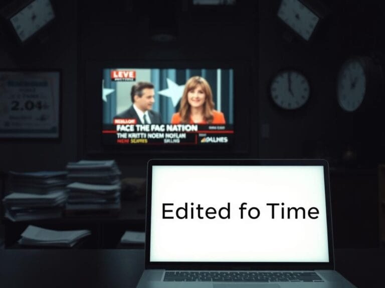 Flick International Dimly lit newsroom featuring Kristi Noem on television screen with microphones and papers