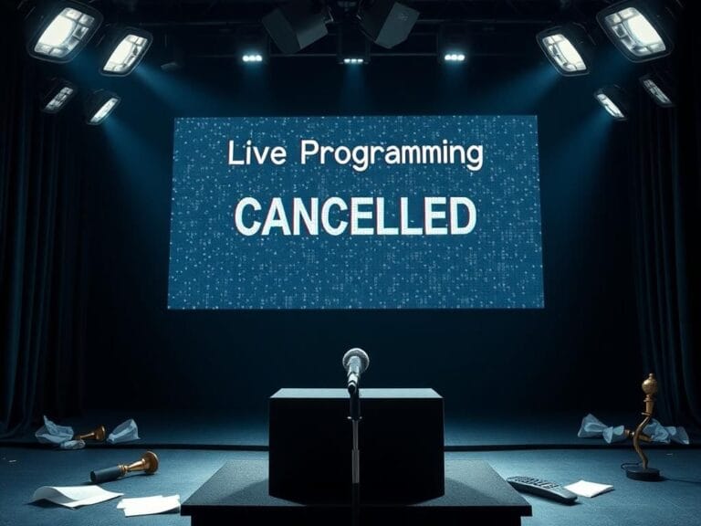 Flick International Darkened television studio with an empty podium and flickering screen announcing 'Live Programming Cancelled'