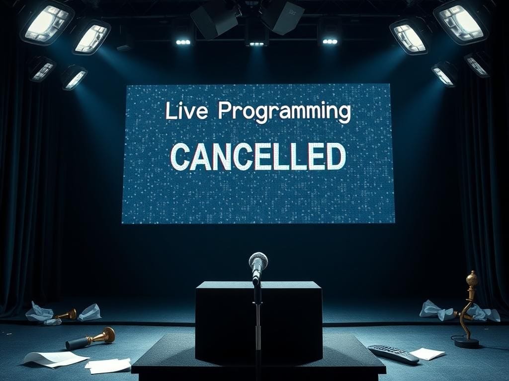 Flick International Darkened television studio with an empty podium and flickering screen announcing 'Live Programming Cancelled'
