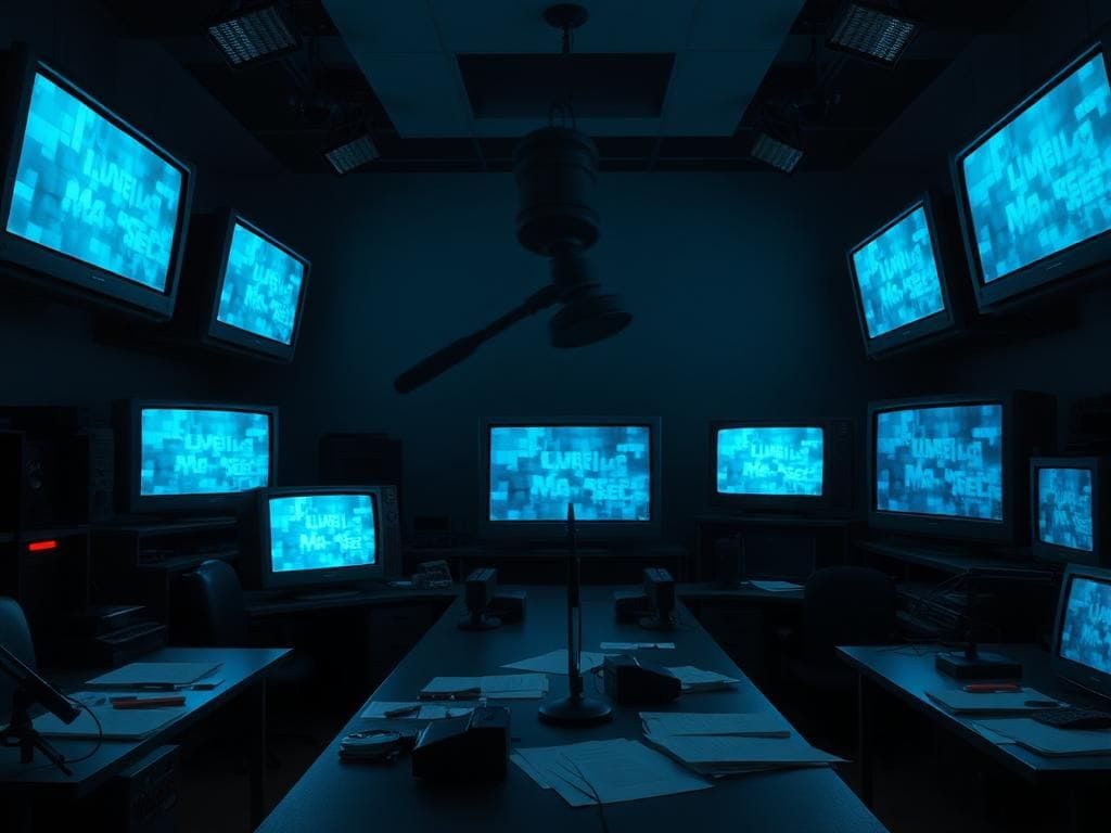 Flick International Empty newsroom with vintage television screens showing static and blurred images, symbolizing media censorship