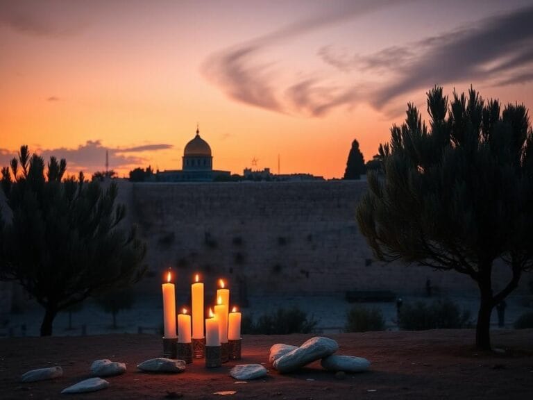 Flick International A solemn landscape featuring the Western Wall in Jerusalem at twilight with candles representing remembrance