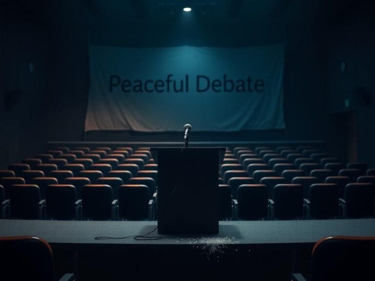 Flick International Dimly lit university auditorium with empty chairs and a fallen microphone in the foreground