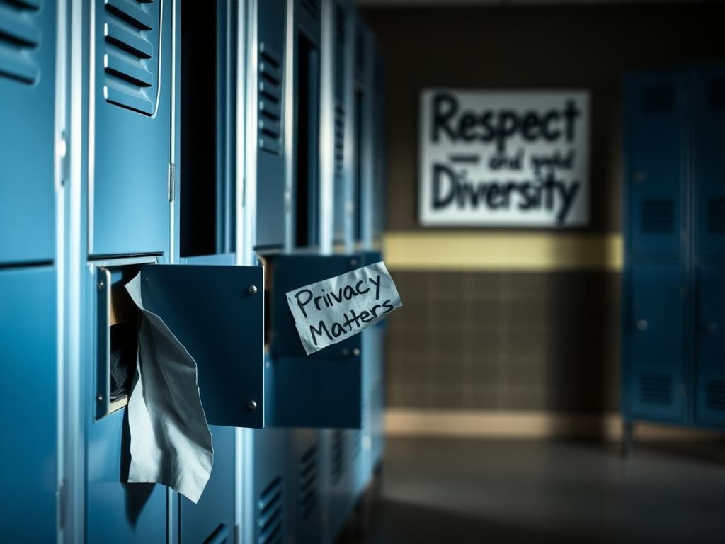 Flick International somber high school locker room with empty lockers and a note about privacy
