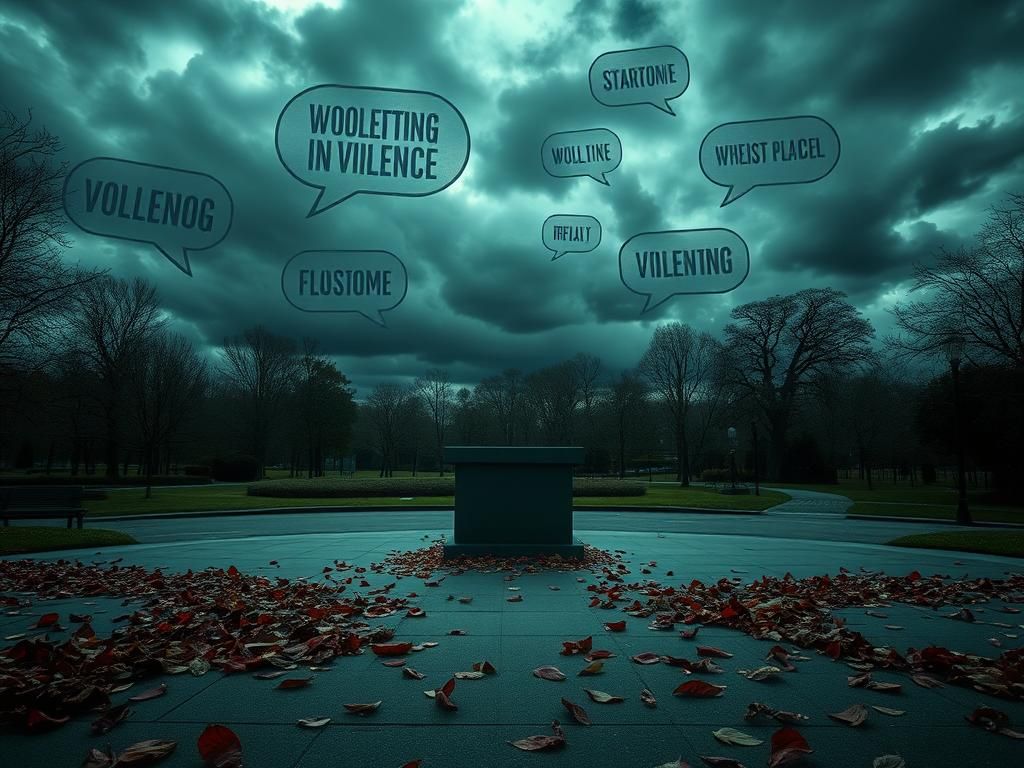 Flick International Somber landscape of a desolate public park with an empty podium surrounded by wilted flowers and fallen leaves, symbolizing mourning.