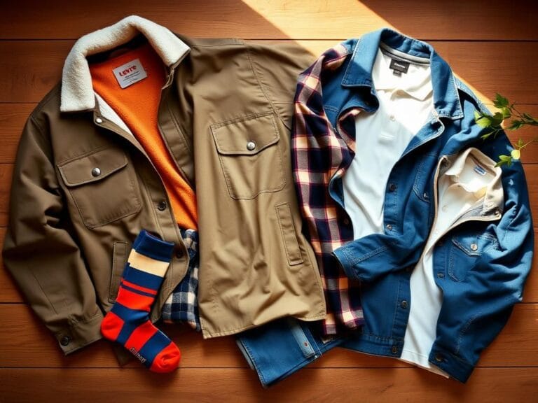 Flick International Stylish flat lay of wardrobe essentials under $100 including Carhartt jacket and Levi's jeans