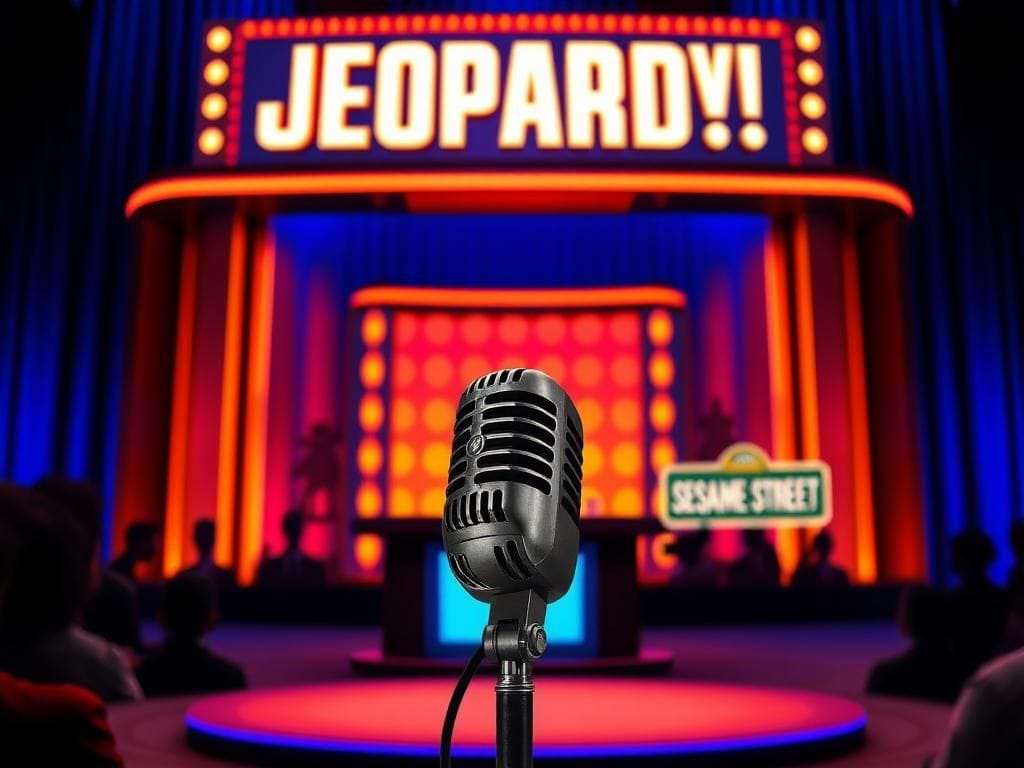 Flick International Dramatic stage set from 'Jeopardy!' featuring vintage elements and references to James Earl Jones