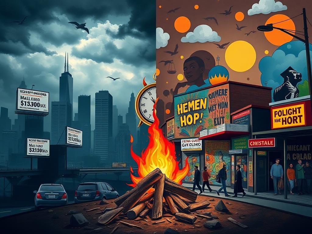 Flick International A split scene showing political landscapes with division on one side and community hope on the other.