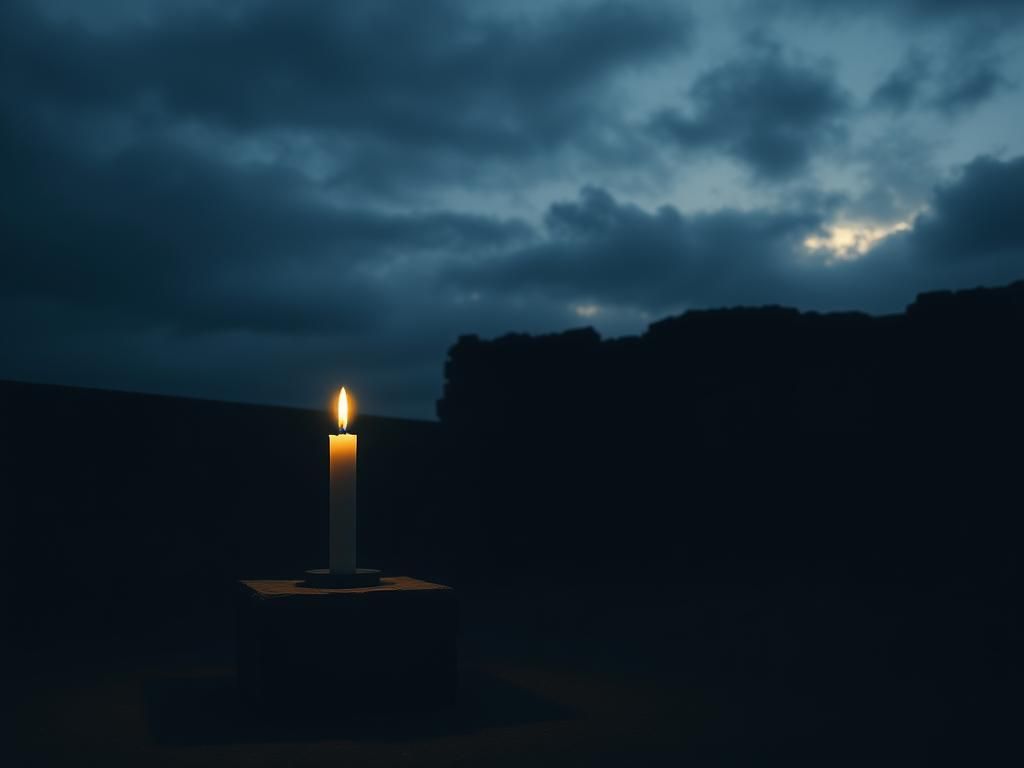 Flick International Tranquil landscape with a flickering candle on a stone pedestal against a dark background