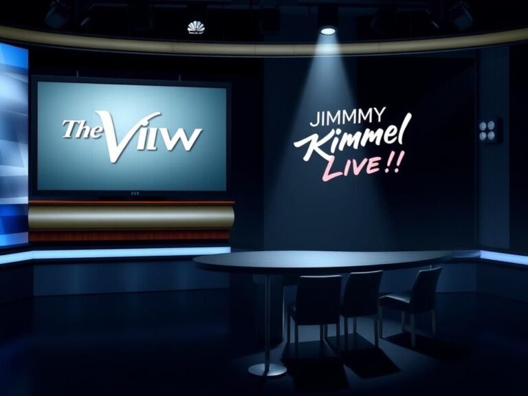Flick International A split-screen image depicting tension in a television studio with 'The View' on one side and a shadowy 'Jimmy Kimmel Live!' set on the other