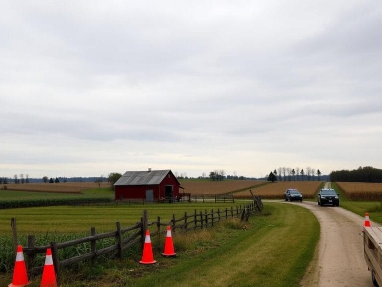 Flick International Somber rural landscape in York County, Pennsylvania, depicting a tranquil farm with a weathered red barn and police activity remnants