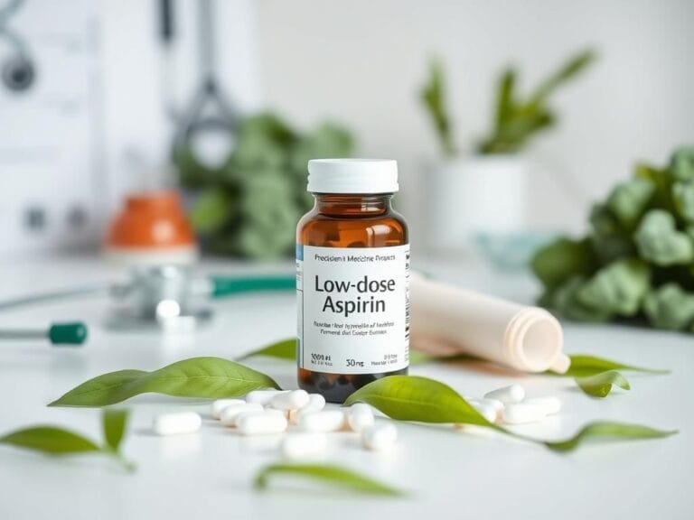 Flick International Neatly arranged table with a bottle of low-dose aspirin and green vegetables