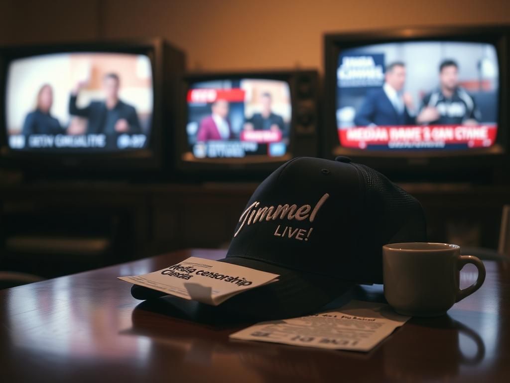 Flick International Close-up of a 'Jimmy Kimmel Live!' hat on a polished wooden table surrounded by muted television screens