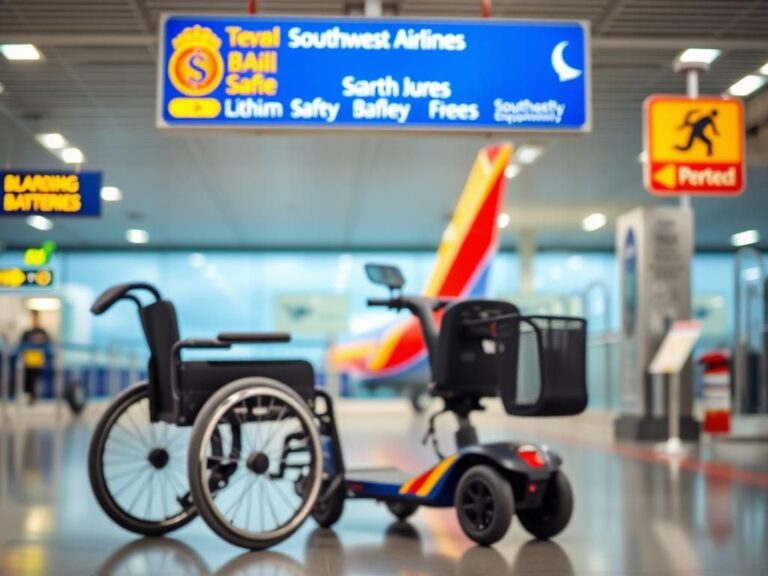 Flick International Close-up of a modern high-tech wheelchair and scooter with removable lithium batteries at a Southwest Airlines boarding gate