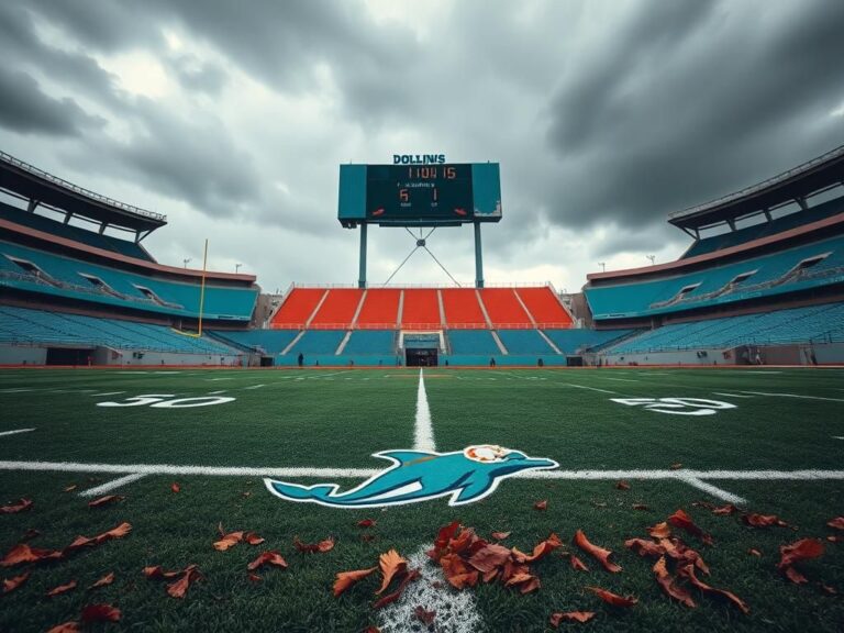 Flick International Moody overcast stadium scene featuring the Miami Dolphins' colors of aqua and orange, with signs of neglect and a looming sense of defeat.
