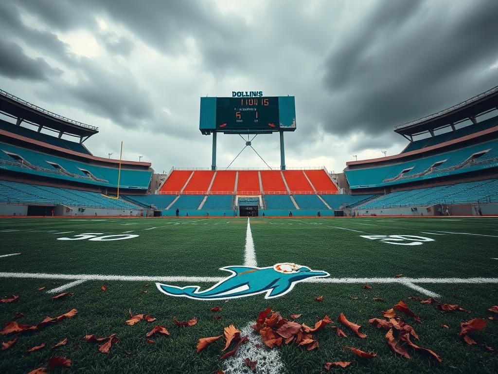 Flick International Moody overcast stadium scene featuring the Miami Dolphins' colors of aqua and orange, with signs of neglect and a looming sense of defeat.