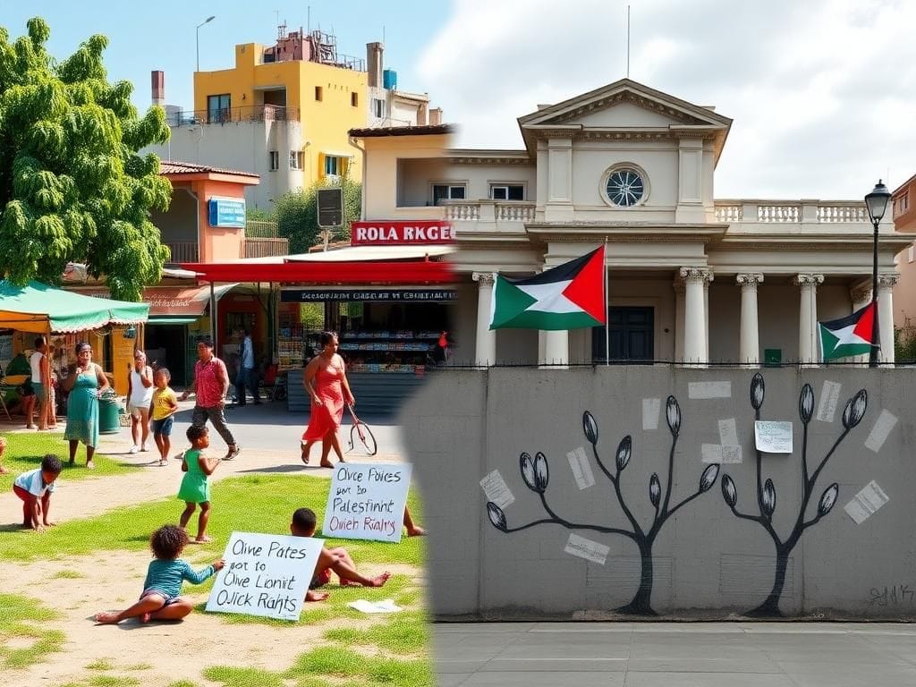 Flick International Split-scene image showing contrasting urban community and protest themes