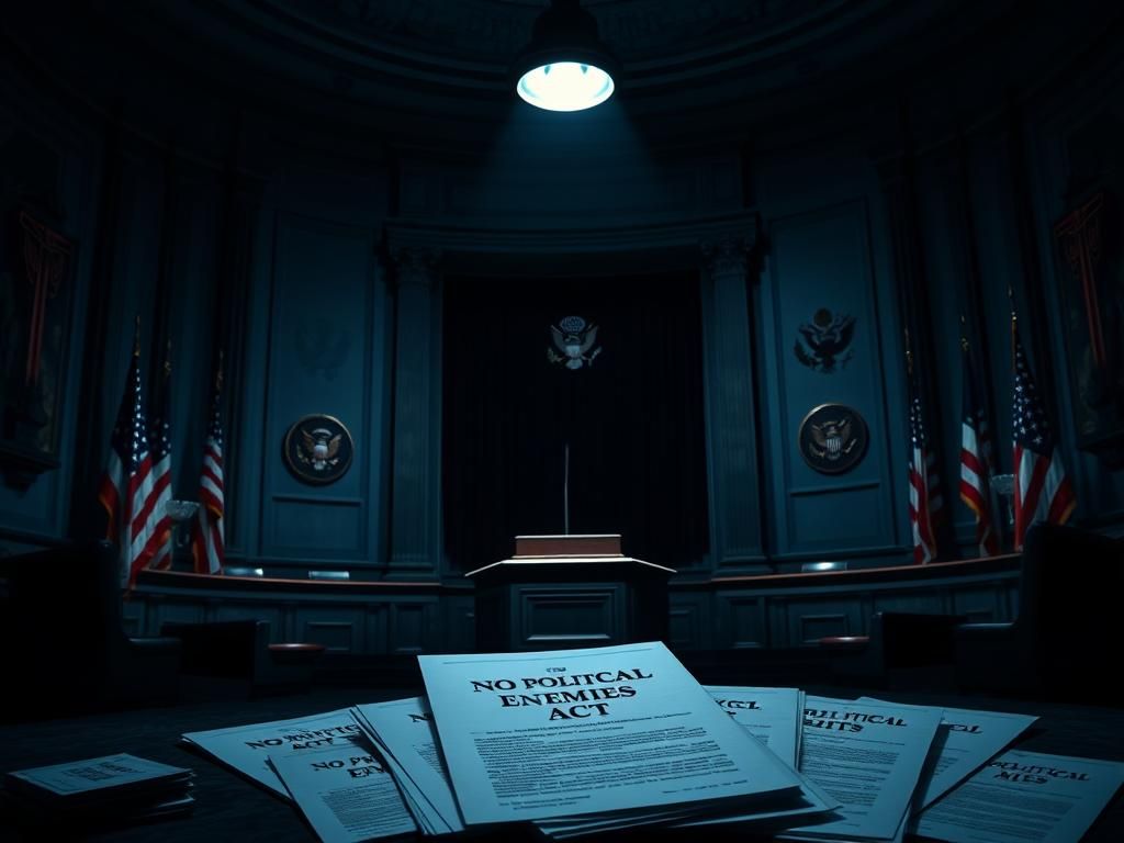 Flick International Dimly lit congressional chamber with an empty podium, symbolizing political tension