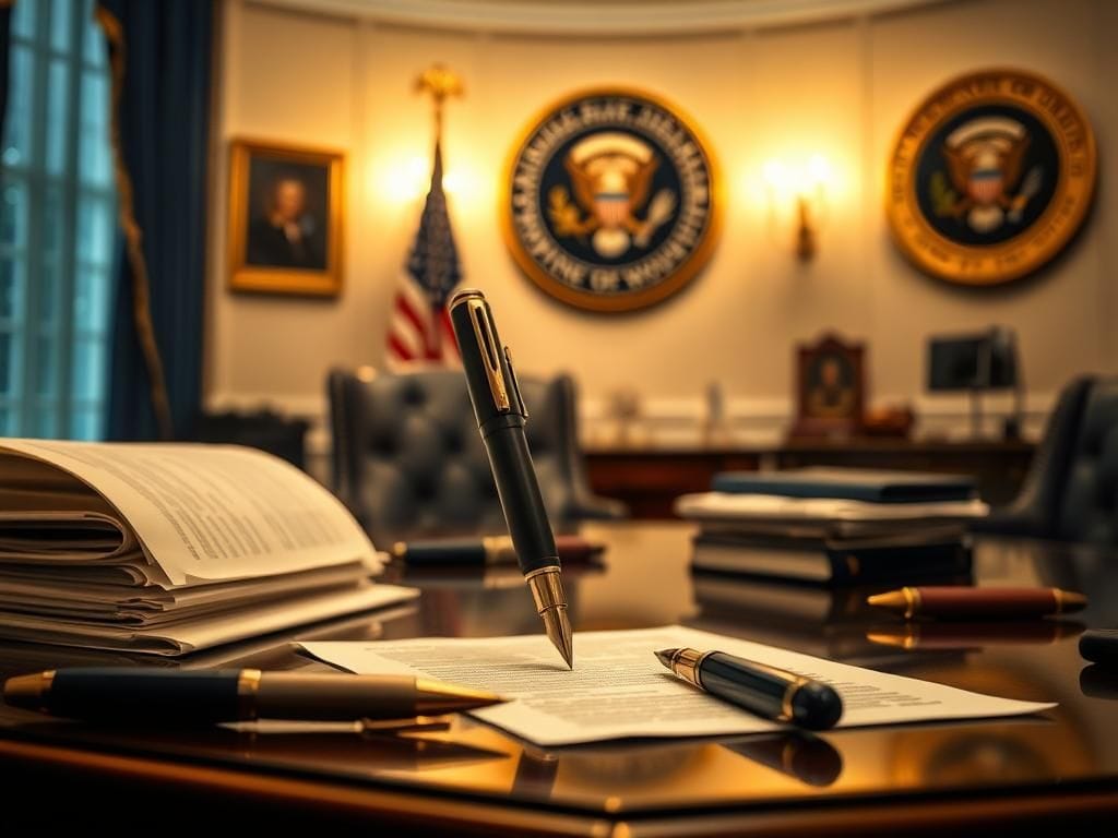 Flick International Close-up of an autopen machine in a presidential office, ready to sign legal documents.