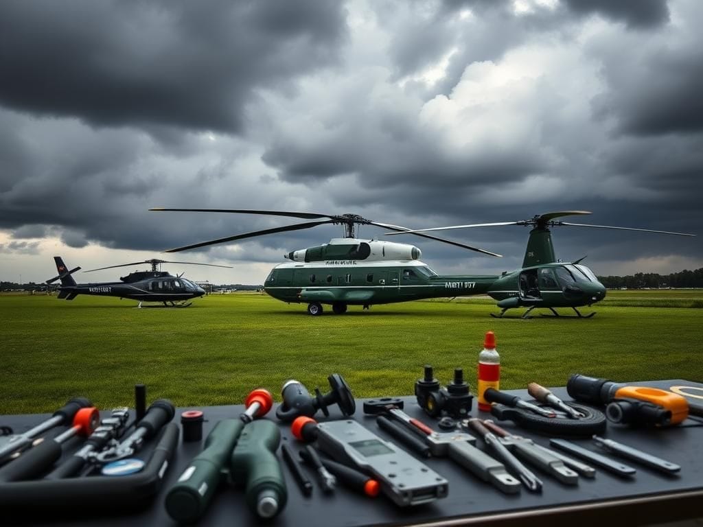 Flick International A military-style Marine One helicopter parked on a grassy airfield under an overcast sky with dark clouds.
