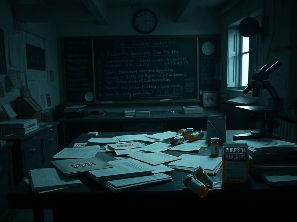 Flick International A dimly lit laboratory filled with medical papers and confidential files, depicting the scrutiny surrounding puberty blockers.