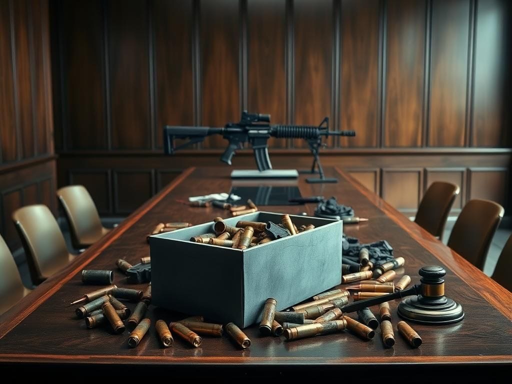 Flick International Dimly lit courtroom showcasing forensic evidence related to Trump assassination trial