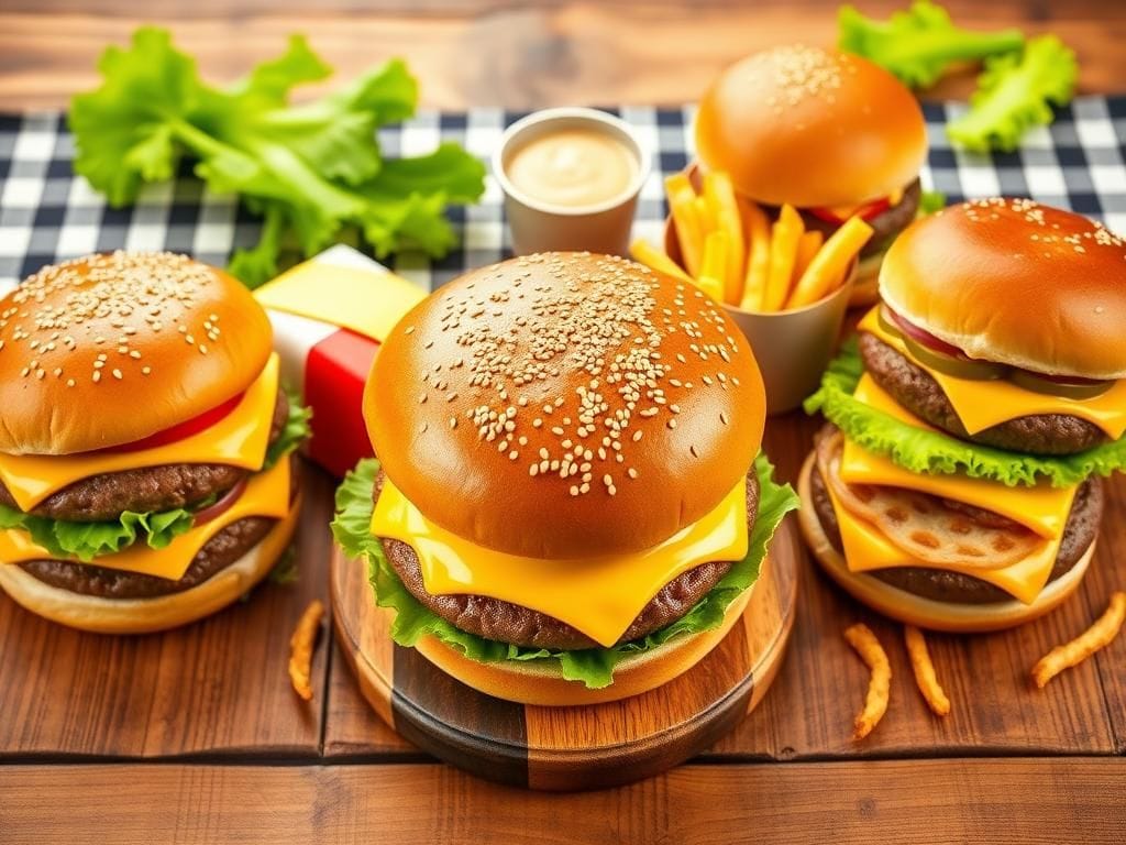 Flick International A beautifully arranged flat lay image of classic American fast-food cheeseburgers on a rustic wooden table.