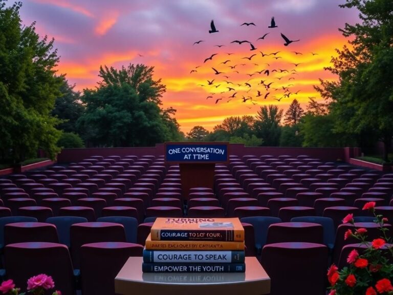 Flick International Vibrant college campus scene at sunset featuring an empty lecture hall and a podium with a conversation banner.