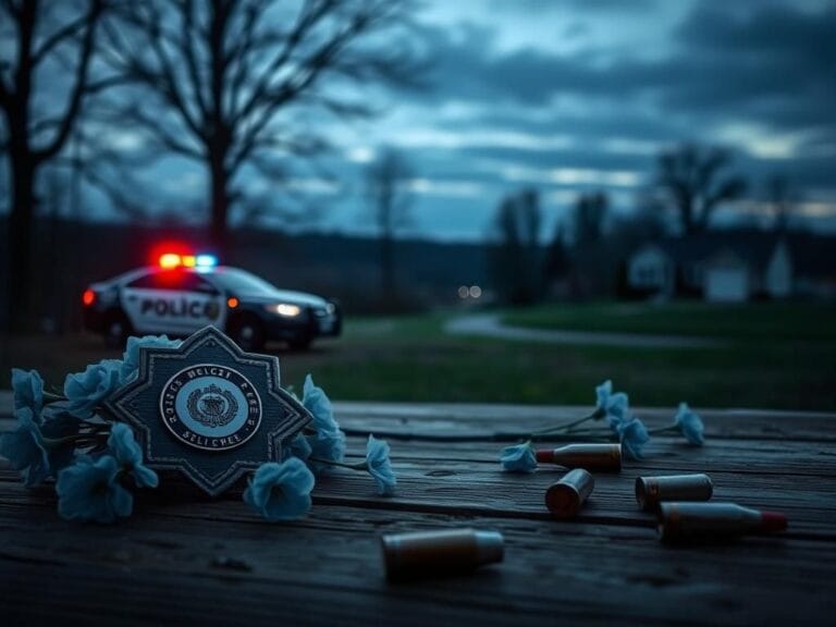 Flick International A police badge surrounded by faded blue flowers on a wooden table