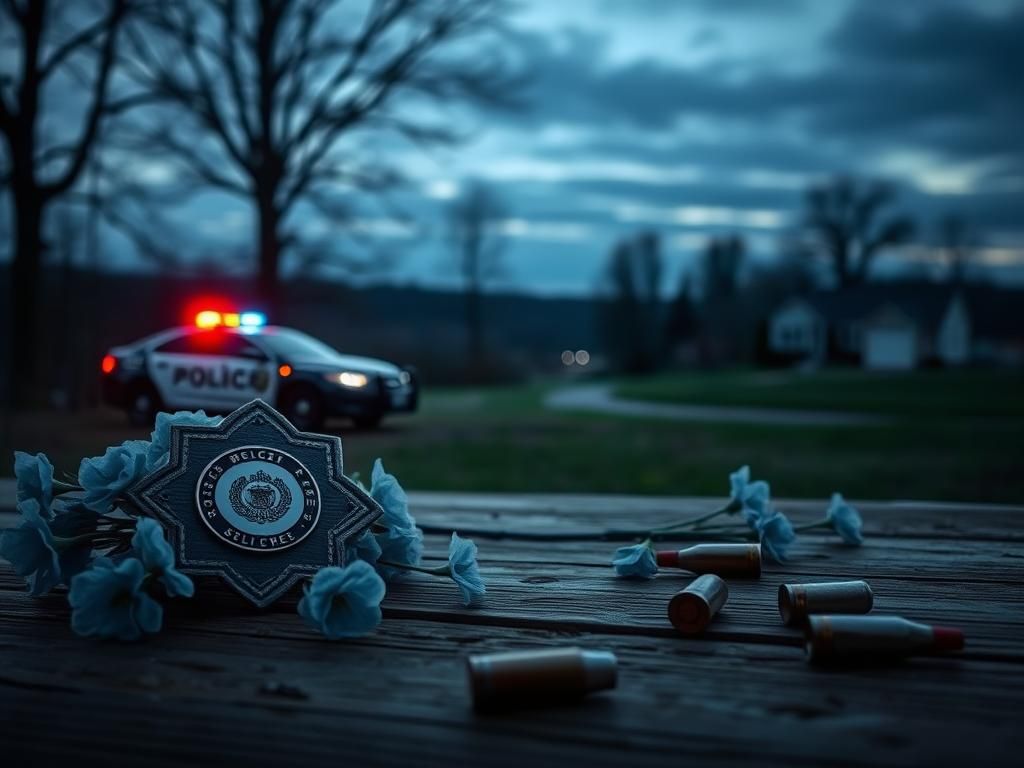 Flick International A police badge surrounded by faded blue flowers on a wooden table