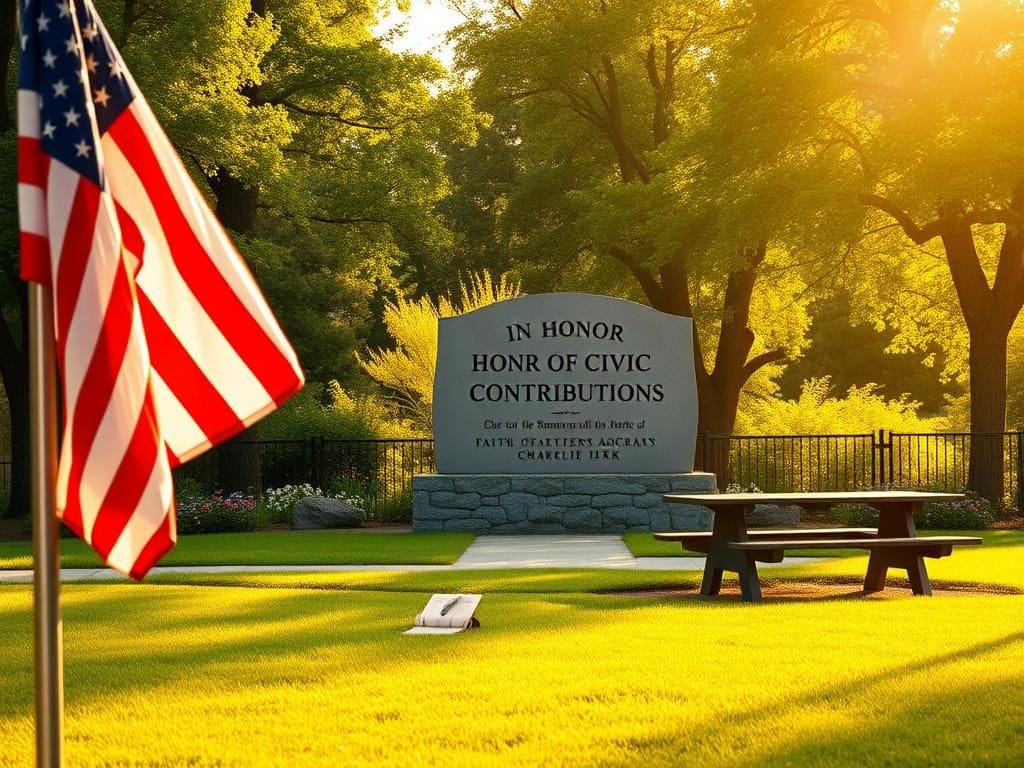 Flick International Tranquil park scene with American flag and civic monument