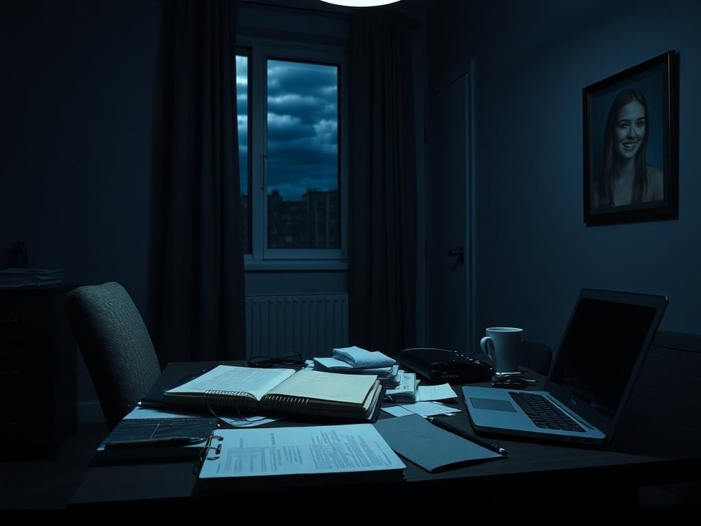 Flick International Dimly lit apartment interior with a cluttered table, overturned chair, and personal items depicting a tragic scene