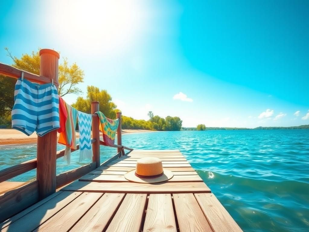 Flick International Serene lakeside scene with a wooden dock and colorful beach towels