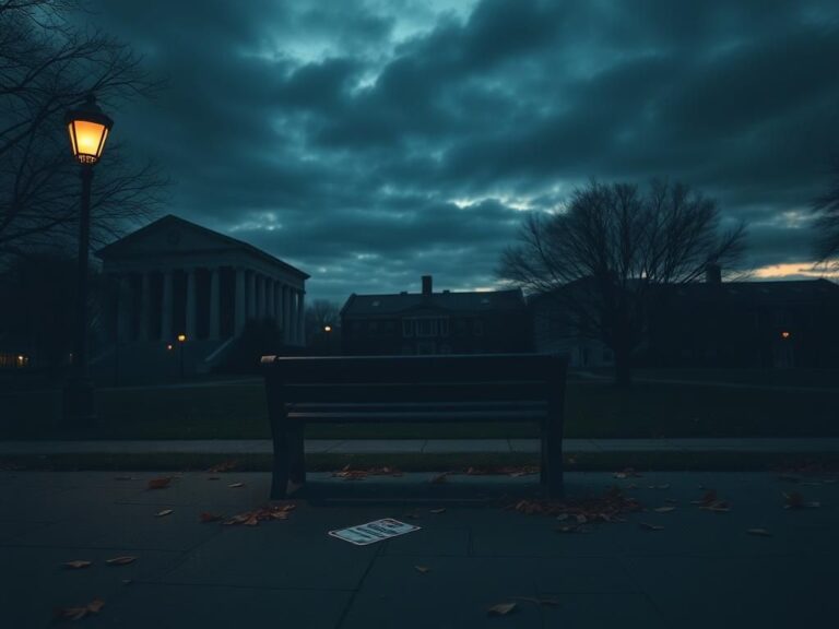 Flick International Dark university campus scene at dusk with silhouette of historic building and empty bench