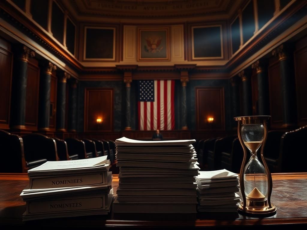 Flick International Dramatic U.S. Capitol Senate chamber with dark marble columns and legislative documents