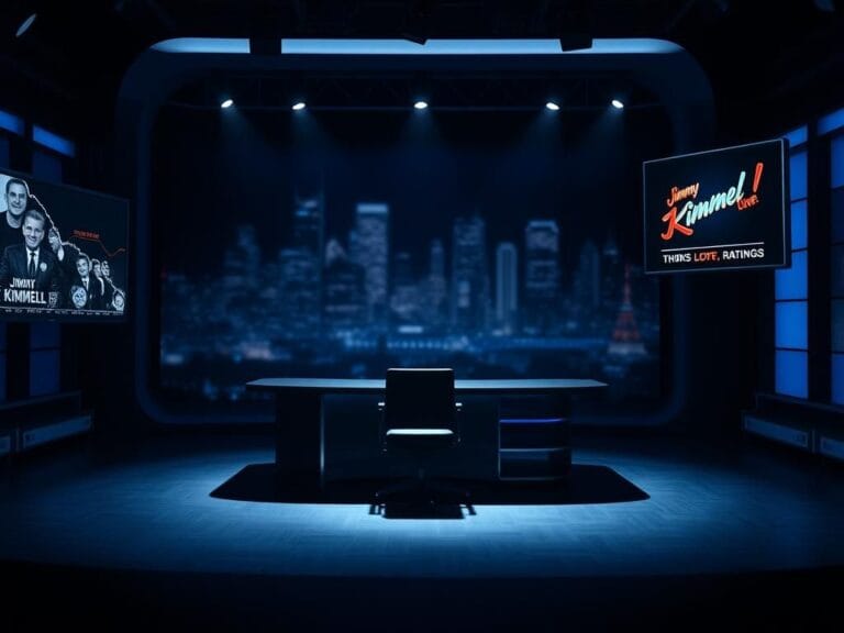 Flick International Dimly lit television studio set with empty host desk, spotlight on an empty chair, and blurred city skyline background