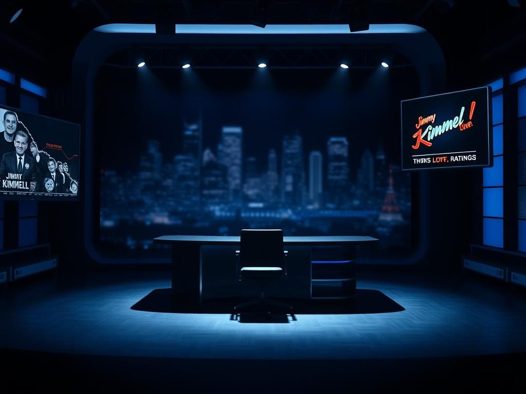 Flick International Dimly lit television studio set with empty host desk, spotlight on an empty chair, and blurred city skyline background