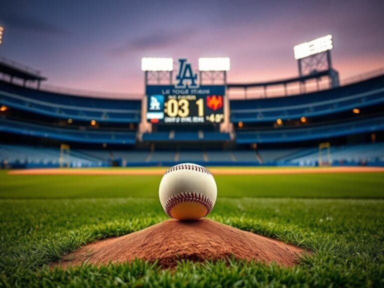 Flick International An empty Dodger Stadium at twilight with a baseball on the pitcher's mound, symbolizing Clayton Kershaw's career.
