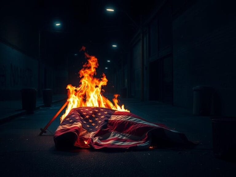 Flick International A dark street at night with a partially burned American flag symbolizing political turmoil.