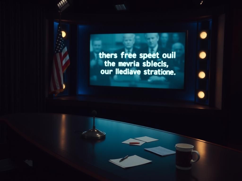 Flick International Empty late-night talk show set showcasing a polished desk and microphone in soft ambient lighting